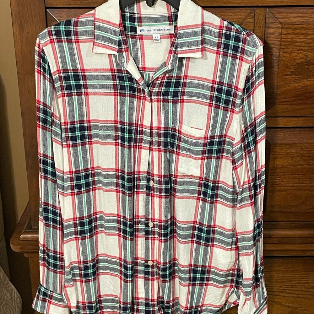 Southern Tide White, Red & Green Plaid Button-Down Shirt for Men